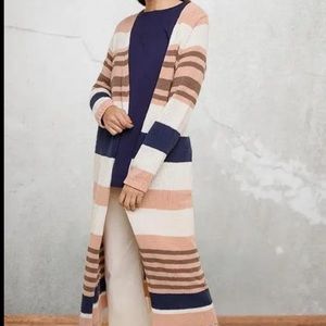Striped Long Cardigan Sweater - Cream, Brown, and Blue